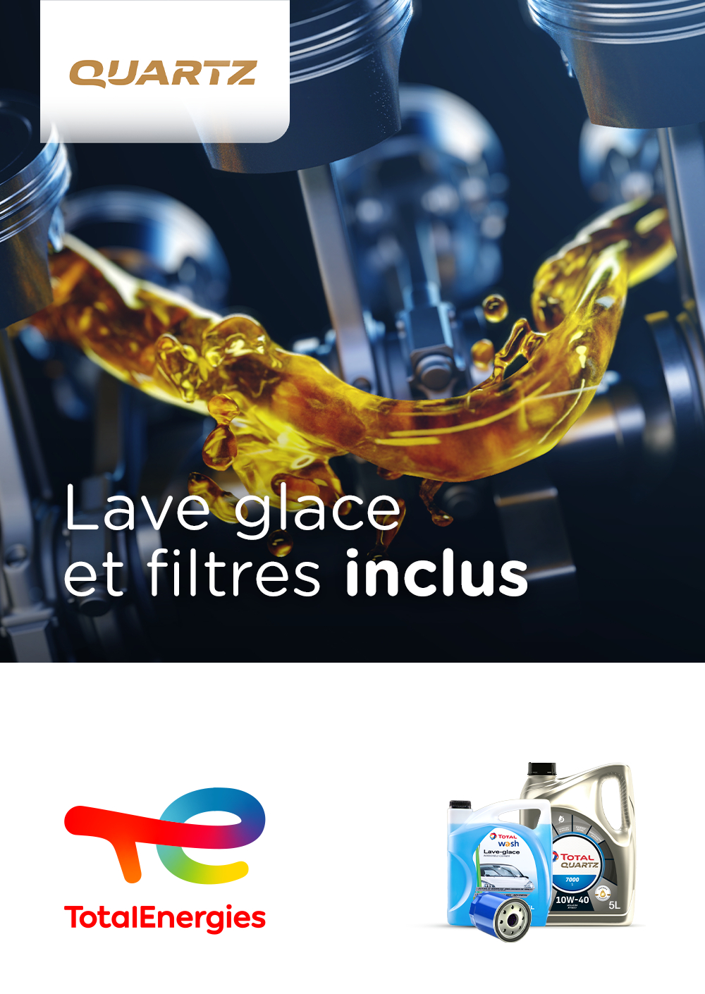   Forfait vidange Quartz 7000 10W-40 5L + Filtre à huile + Main d'oeuvre + Lave Glace