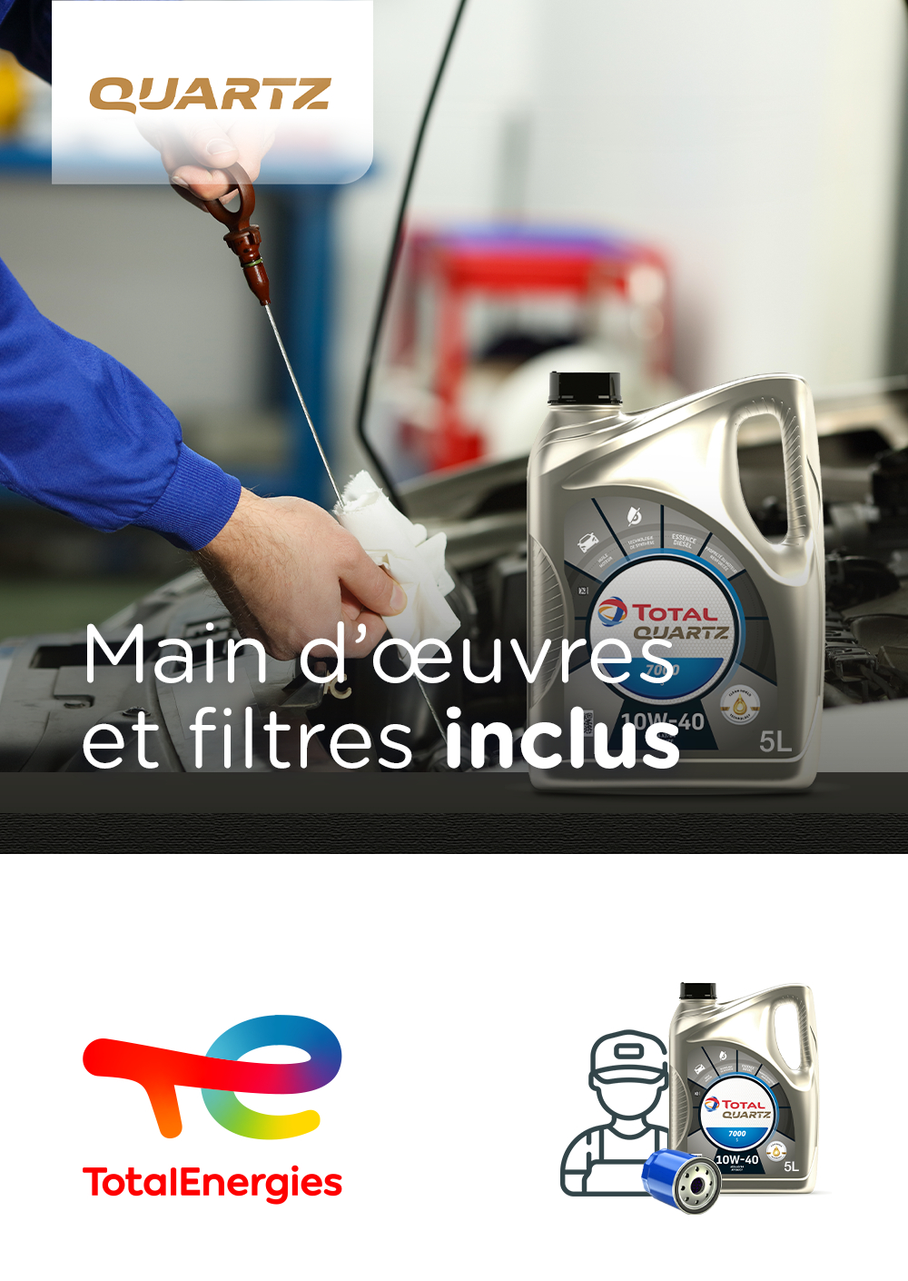 Forfait vidange Quartz 7000 10W-40 bidon 5L + Filtre à huile + Main d'œuvre