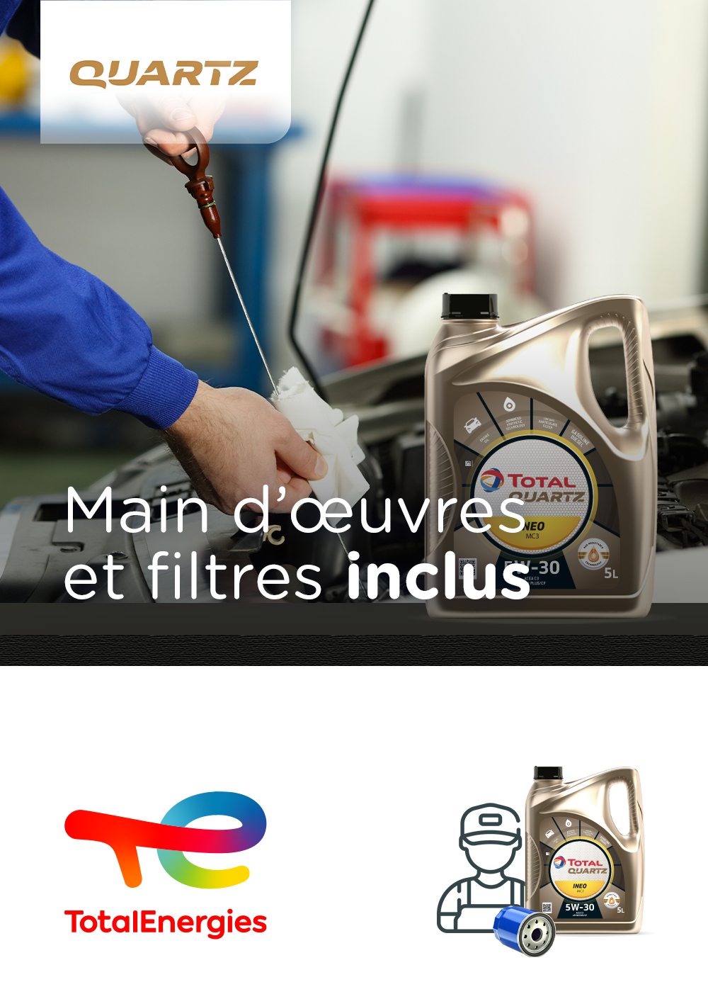   Forfait vidange Quartz Ineo MC3 5W-30 bidon 5L + Filtre à huile + Main d'œuvre